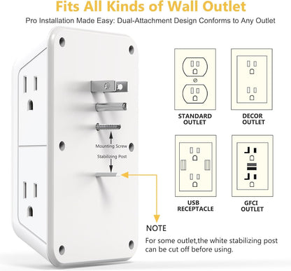 Wall Outlet Extender with Night Light, Power Plug Adapter 6 Outlet Extender with 4 USB Charging Ports 1050J Power Strip Multi Plug Adapter Spaced for Home Travel Office (2U2C)