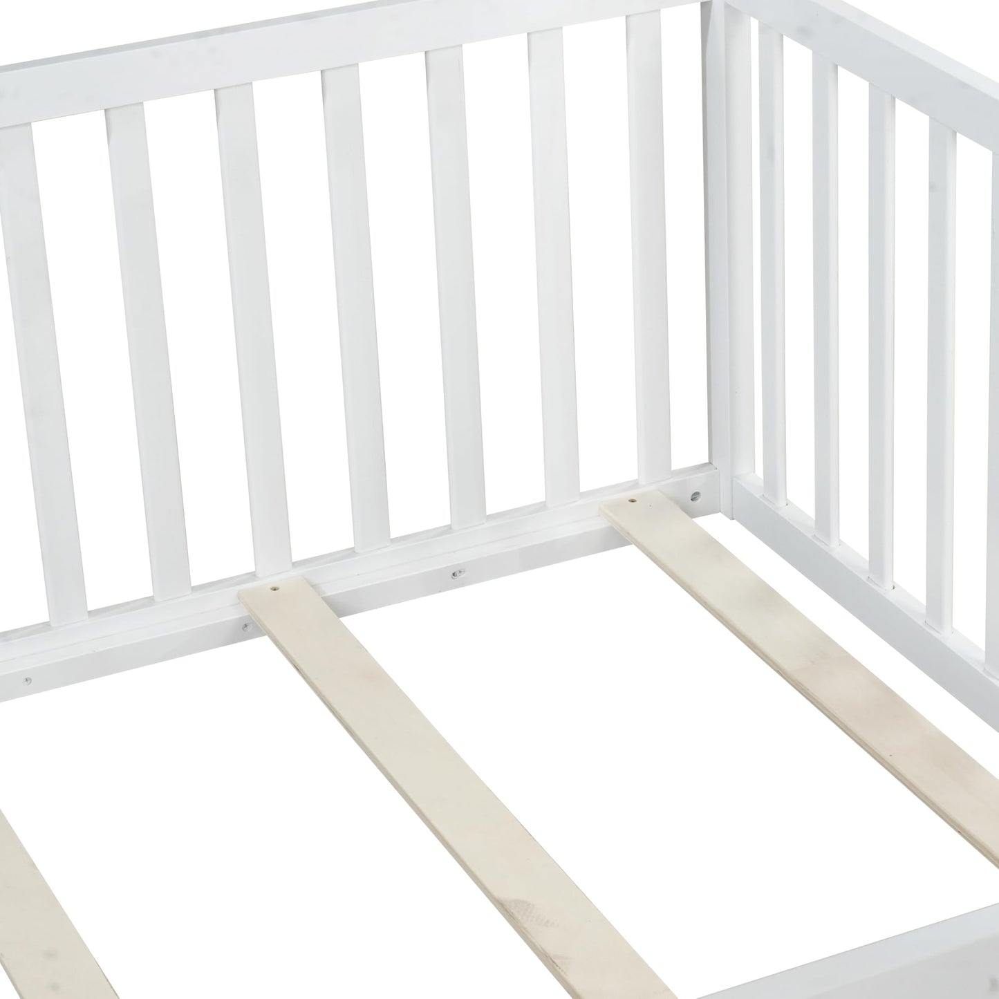 KEIKI Full Floor Bed with 21.5" Safety Guardrails & Door, Kids Floor Bed Frame with 6 Slats, Solid Wood Montessori Bed for Toddler Bedroom, White