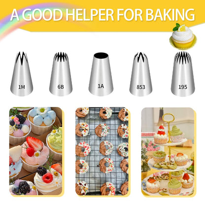 18 Inch Large Piping Bags and Tips Set,100PCS Extra large piping bags Disposable with 5 Piping Tips(Round Tip/Open Tip/Closed Star Tip/Drop Flower Tip/French Star Tip for Cupcakes,Cookie,Cake decor