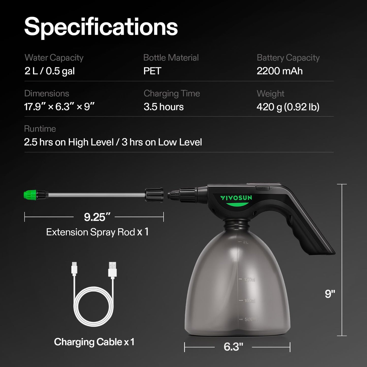 VIVOSUN Battery Powered Sprayer 0.5Gallon, Electric Spray Bottle USB Rechargeable, Automatic Water Pump Plant Mister with Adjustable Pressure, Easy to Refill, 2.2 Ah Battery