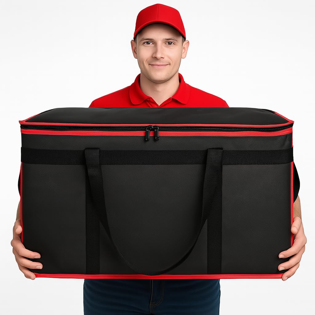 Bodaon Insulated Food Delivery Bag for Hot and Cold Meal, XXX-Large Grocery Tote Insulation Bag for Catering/Drivers, Pizza Warmer, Grocery Bags, Cooler Bag, food warmers for parties (Black-Red, 1Pk)