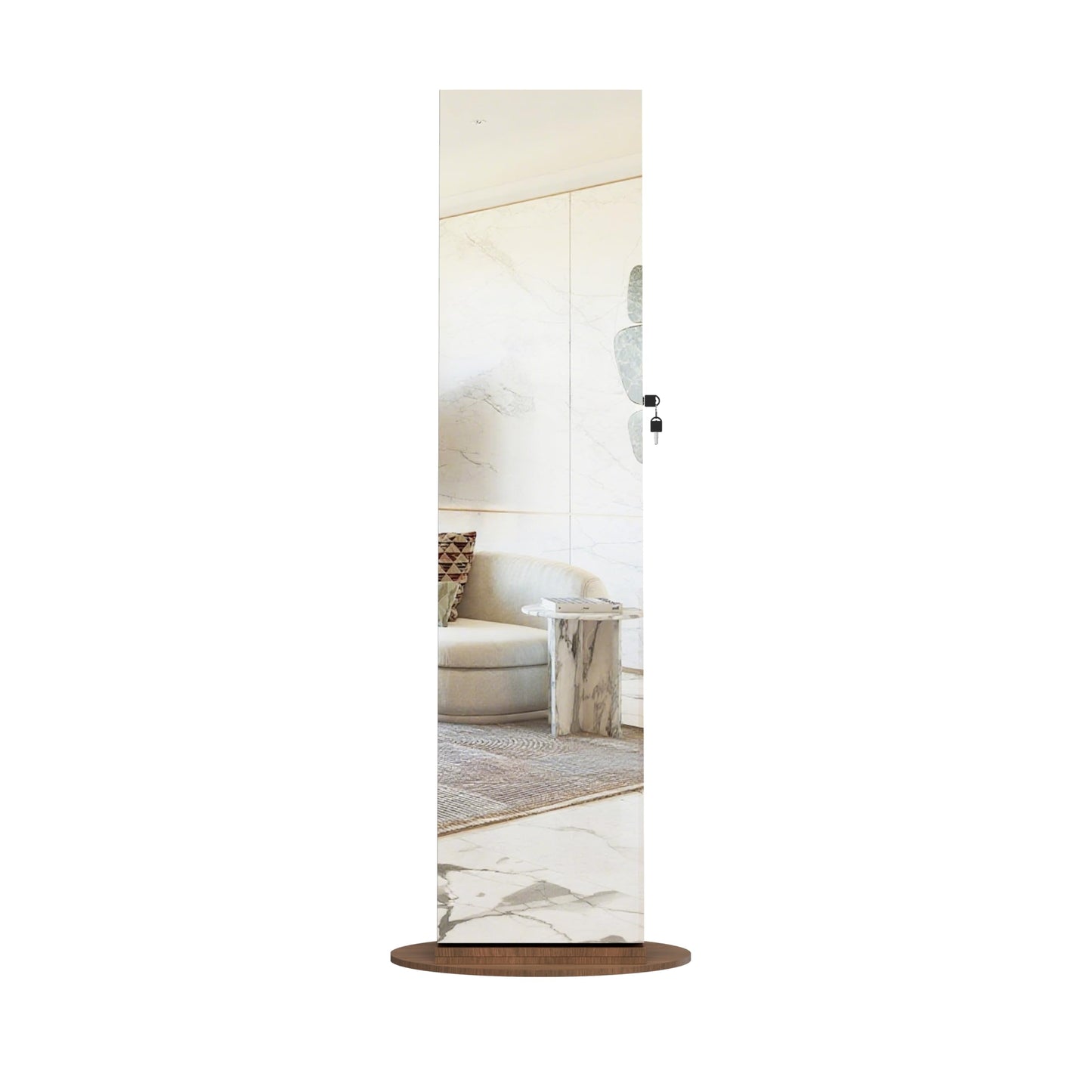 KEIKI 360°Swivel Jewelry Armoire with Full Length Mirror, 62.3" Rotating Standing Jewelry Armoire Organizer, Lockable Storage Cabinet, Interior Lighted Mirror, Walnut