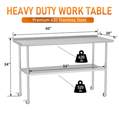HOCCOT Stainless Steel Prep Table 30" X 60" with Adjustable Undershelf, Backsplash and Wheels, Commercial Metal Workstations for Kitchen, Garage, Home and Hotel