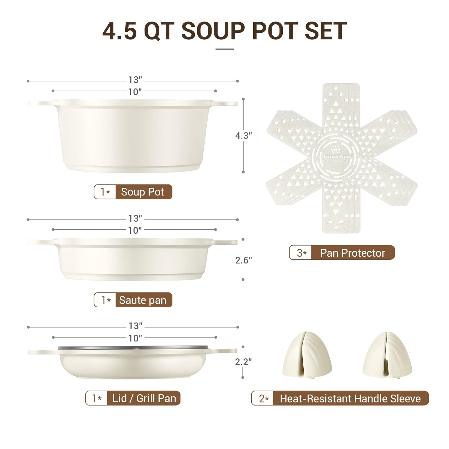 Ammeloo 8-Piece Non Stick Stock Pot with Lid, Ceramic Cooking Pot Set, 4.5 Qt All-in-One Non Toxic Soup Pot for All Stoves, Easy to Clean & Dishwasher Safe, Oven Safe, Induction Ready, PFOA PFAS Free