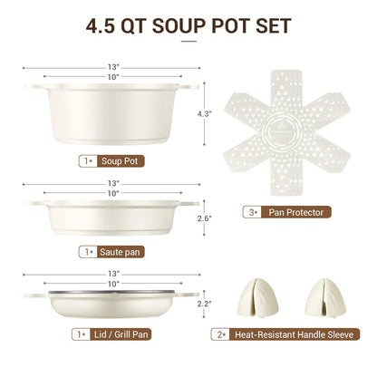 Ammeloo 8-Piece Non Stick Stock Pot with Lid, Ceramic Cooking Pot Set, 4.5 Qt All-in-One Non Toxic Soup Pot for All Stoves, Easy to Clean & Dishwasher Safe, Oven Safe, Induction Ready, PFOA PFAS Free