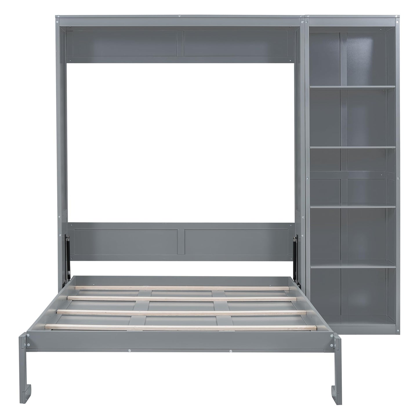 PacknWood Acosure Queen Size Murphy Five-Layer Cabinet,Solid Wood Storage Hidden Wall Beds Frame,W/Dual Piston Metal Folding Mechanism Designed,Space-Saving,for Home Office,Study,Guest Room,Gray