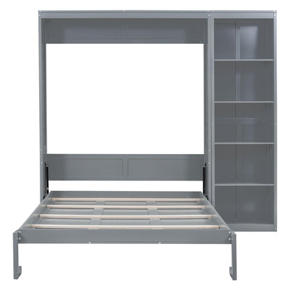 Merax Space-Saving Gray Murphy Bed Queen Size with Adjustable Storage Shelves, Multifunctional Foldable Wall Bed for Small Spaces Studio Study Office Guest Room