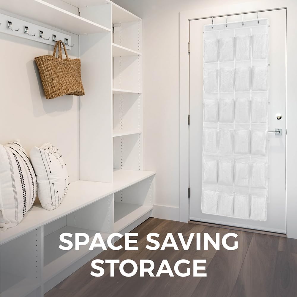 HOME GENIE 24 Pocket Strong Space Saving Over Door Shoe Organizer, Holds Up to 40 Pounds, White