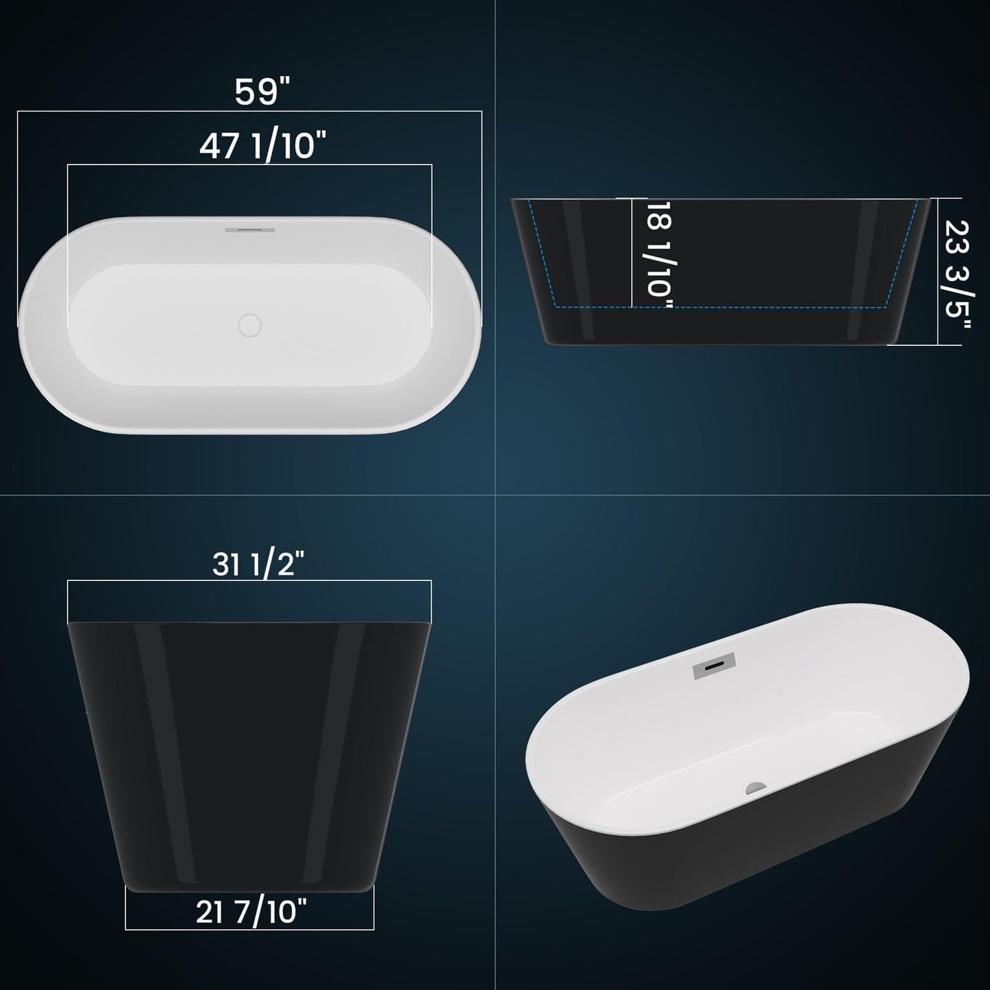 Freestanding Bathtub 59 inch Black and White Acrylic Soaking Tub with Chrome Drain and Overflow, Modern Spa Bath for Bathroom Renovation and Relaxing Home Use