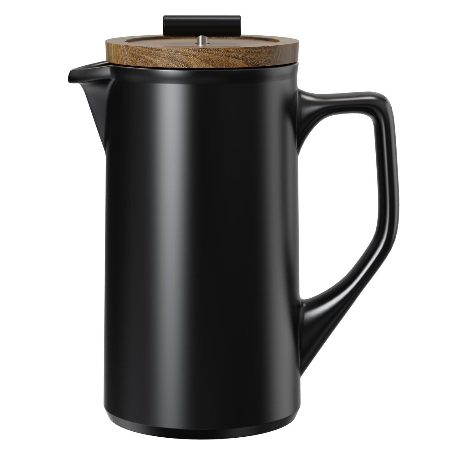 DHPO Ceramic French Press Coffee Maker, 22oz Single Serve Coffee Press with Walnut Wood Lid, Lead-Free, Food Grade Stainless Steel Filter with Dual Screen for Coffee and Loose Tea, Black