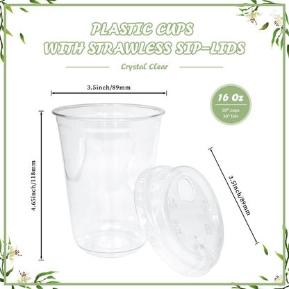Thrseely 50 Sets Clear Plastic Coffee Cups with Sip Lids, Disposable PET Cups for Iced Coffee, Smoothie, Cold Beverage, Plastic Crystal for Shops and Party Catering (Clear, 16 oz)