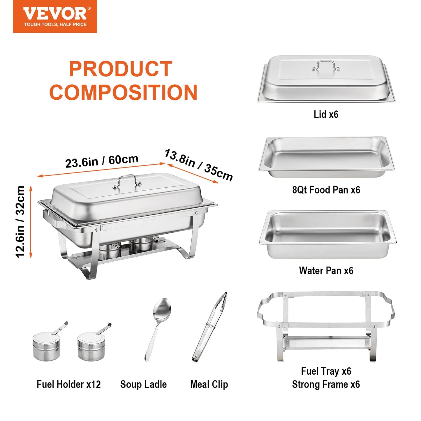 VEVOR Chafing Dish Buffet Set, 8 Qt 6 Pack, Stainless Chafer with 6 Full Size Pans, Rectangle Catering Warmer Server with Lid Water Pan Folding Stand Fuel Holder Tray Spoon Clip, at Least 8 People Eac