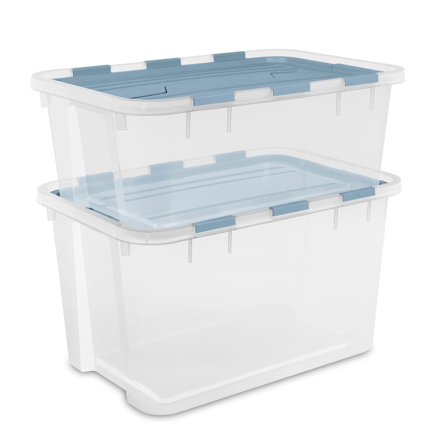 Sterilite 24 Pack Hinged Lid Storage Box, 60 Qt Plastic Container, Washed Blue - Home Organizer Tote for Storing Shoes, Crafts, Clothing, or Decor