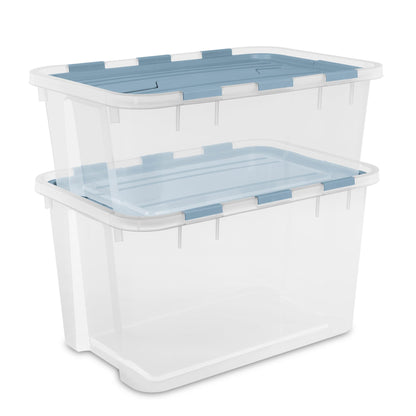 Sterilite 24 Pack Hinged Lid Storage Box, 60 Qt Plastic Container, Washed Blue - Home Organizer Tote for Storing Shoes, Crafts, Clothing, or Decor