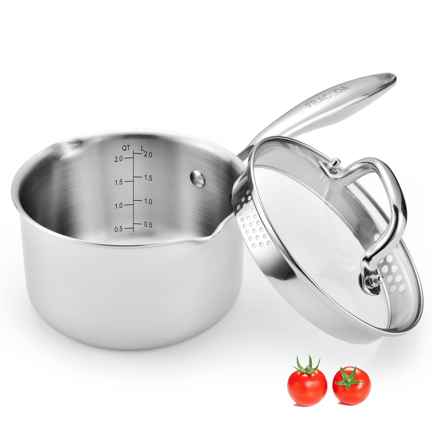 Fracoda 2.0 Quart Stainless Steel Pot Saucepan with Glass Strainer Lid, Sauce Pot with Two Side Spouts, Induction Cooking Pot, Multipurpose Sauce Pan with Lid for Cooking