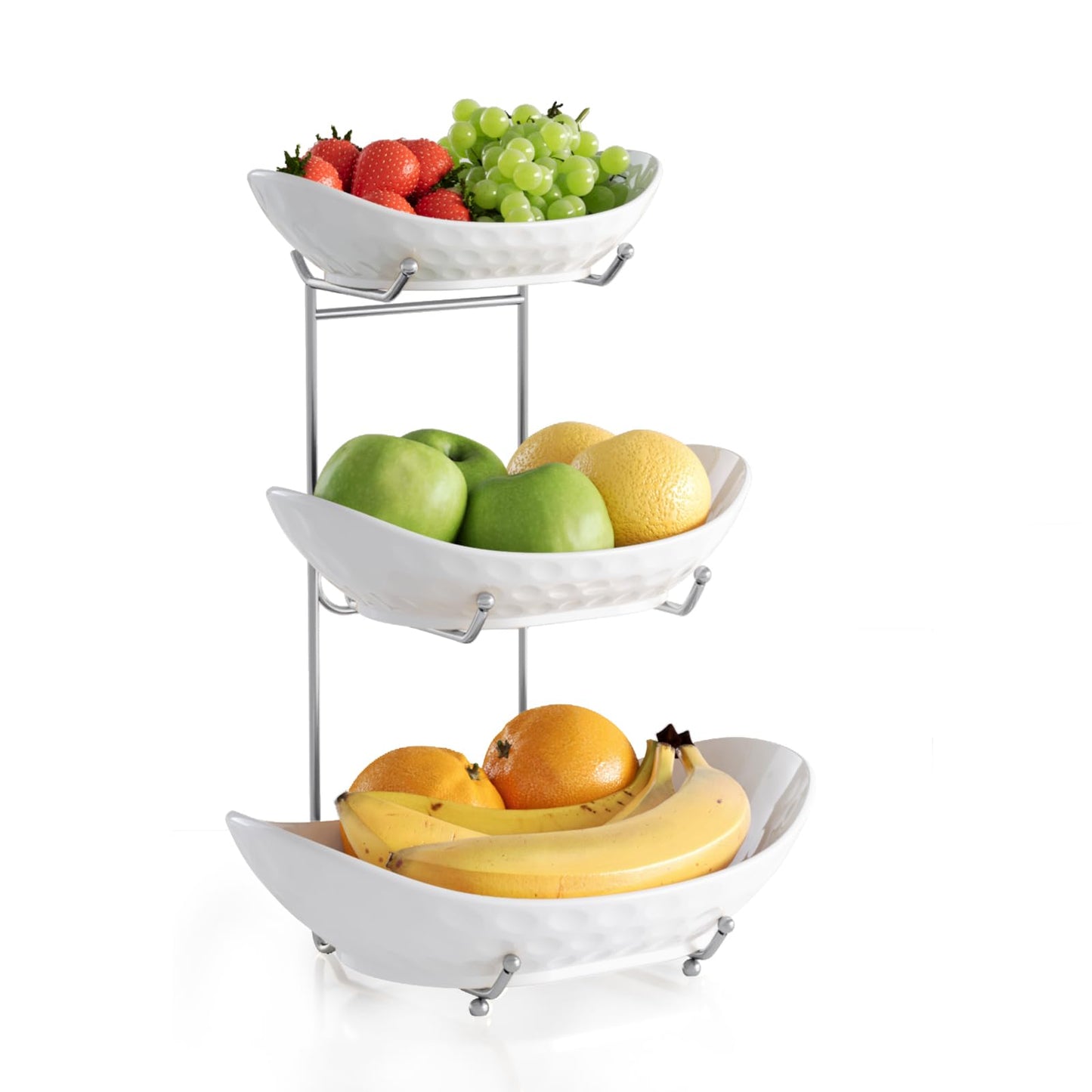 Acliys Fruit Bowl, 3 Tier Ceramic Fruit Basket, 3 Tier Serving Stand Serving Bowl with Metal Rack, Porcelain Kitchen Bowls for Fruit Vegetable Snack Nuts Dessert Cake Tray for Party Wedding
