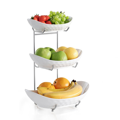 Acliys Fruit Bowl, 3 Tier Ceramic Fruit Basket, 3 Tier Serving Stand Serving Bowl with Metal Rack, Porcelain Kitchen Bowls for Fruit Vegetable Snack Nuts Dessert Cake Tray for Party Wedding
