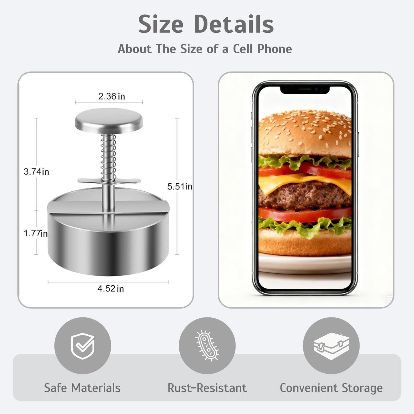 IGRARK Stainless Steel Burger Press,4.5" Hamburger Patty Maker,with Non-Stick Mold & Spring Button, Heavy Duty Easy Release,with 150 Pieces of greaseproof Paper for Beef, Burgers, BBQ