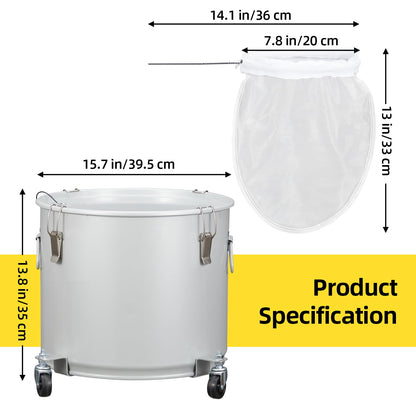 Fryer Grease Bucket 10 Gal, Coated Carbon Steel Oil Filter Pot with Caster Base, Oil Disposal Caddy, Transport Container with Lid Lock Clip Nylon Filter Bag, Silver