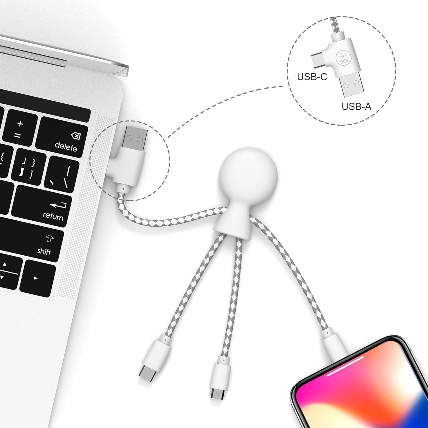 Xoopar Multi USB Cable 4 in 1 - Universal Charger Made from Recycled Plastic - USB, USB-C, Lighting, Micro USB Ports - Compatible with All Smartphones Mr Bio White Octopus