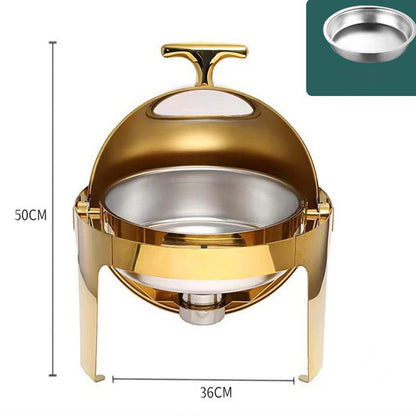 ZephPerton Round Gold Buffet Chafing Dish, Buffet Server Capacity Golden Food Warmer, 180° Roll Top with Visible Glass Lid & Surround Water Heat Insulation for Home Restaurant Party Catering Hotel