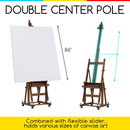 MEEDEN Enlarged Heavy-Duty H-Frame Easel: Artist Solid Beech Wooden Studio Easel - Professional Painting Art Easel Stand with 4 Lockable Wheels & Leveling Bolts - Hold Canvas up to 86" H,Walnut