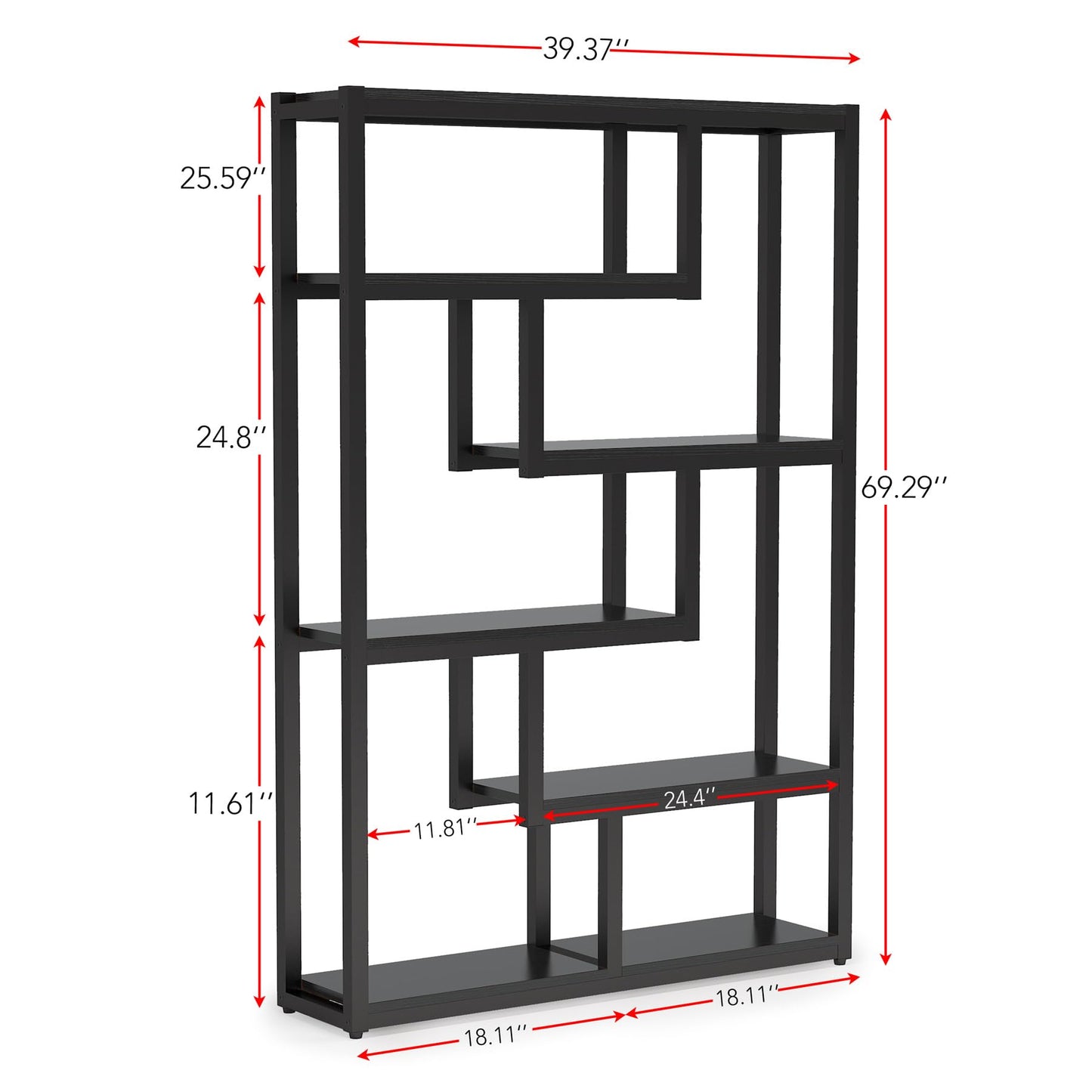 Tribesigns Way to Origin 6-Shelf Modern Bookshelf Set of 2, Industrial Etagere Bookcase, 69-Inch Tall Storage Display Staggered Shelves with Sturdy Metal Frame, Black