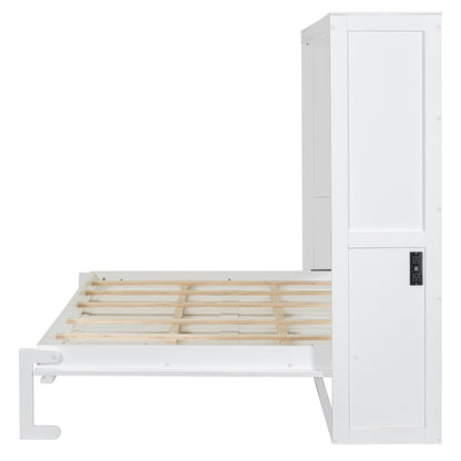 Ball & Cast Murphy Bed Full Size Wall Chest with Charging Station and Slat Support,Wood Hideaway Cabinet Platform Bedframe w/Leg,can be Folded,Space-Saving,for Small Room,Dorms,White