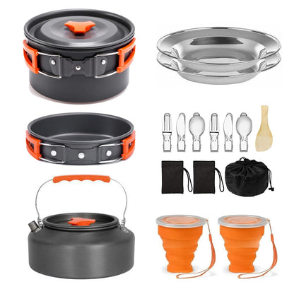 Camping Cookware Camping Cooking Set, Non-Stick Hard-Anodized Aluminum Pot & Pan with Kettle, 2 Forks Knives Spoons, 2 Plates & Folding Cups, Compact Backpacking Cookware for 2-3 People, Camping Gift