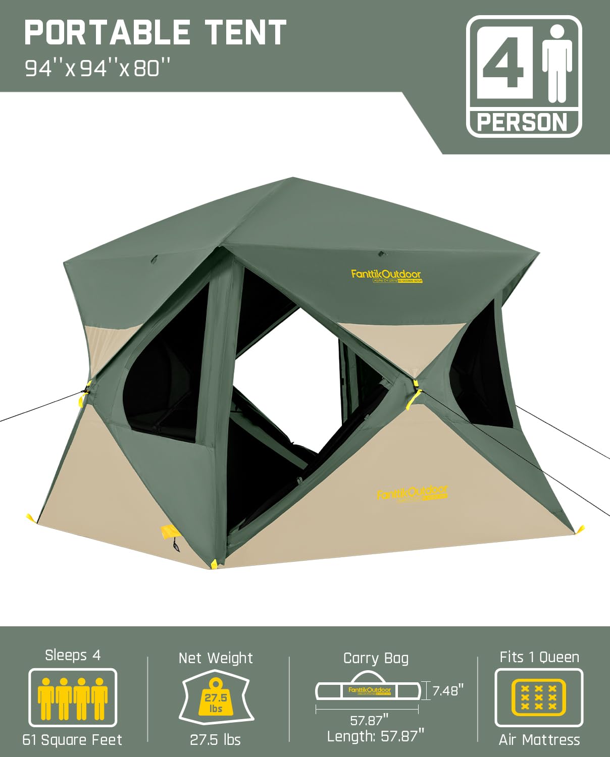 FanttikOutdoor Alpha C4 Ultra Camping Tent 4 Person Pop Up Instant Cabin Setup in 60 Seconds Portable Hub Tent with Rainfly & Windproof for Outdoor Camping & Overlanding, Green