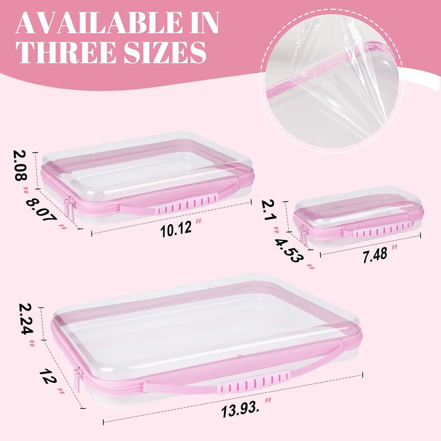 3 Pack Bag(3 Pink Extra Large Zippered Hard Shell Pouch,Clear Plastic Case,Hard Sided Case for Storage Bags,Portable
