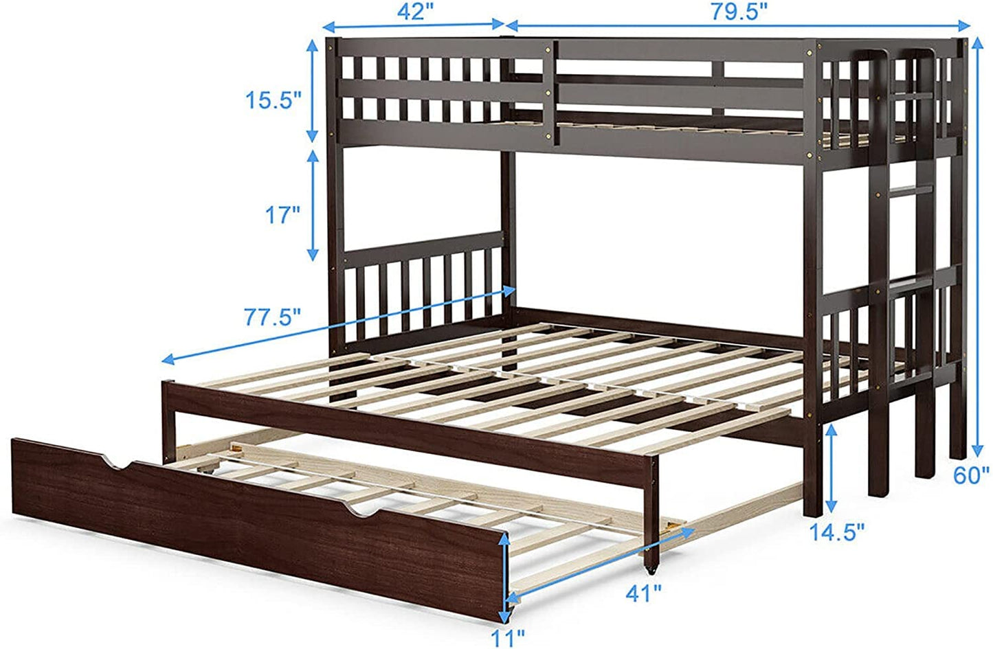 Giantex Twin Over Pull-Out Bunk Bed with Trundle, Extendable Twin/Full/Queen/King Bunk Bed, Solid Wood Bunk Bed with Ladder and Safety Rail, Wooden Bunk Beds for Kids Adults Teens, Espresso