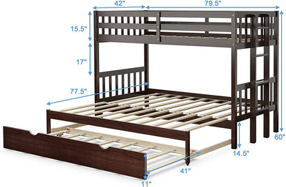 Giantex Twin Over Pull-Out Bunk Bed with Trundle, Extendable Twin/Full/Queen/King Bunk Bed, Solid Wood Bunk Bed with Ladder and Safety Rail, Wooden Bunk Beds for Kids Adults Teens, Espresso