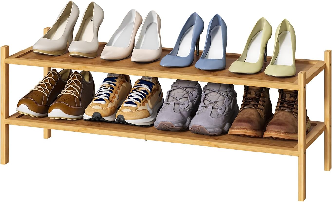 kiplant 2-Tier Closet, Long Shoe Rack, Bamboo Wood Shoe Rack, Stackable for Entryway & Hallway