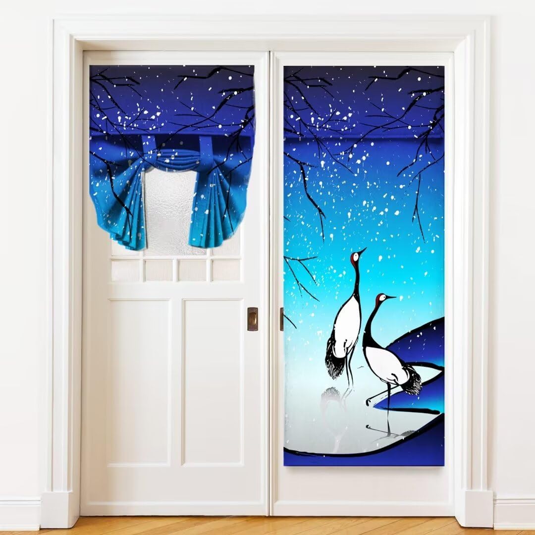 Door Curtains for Windows - Japanese Crane Printed Curtains for French Glass Door, 26 x 40 inch Tie Up Curtains