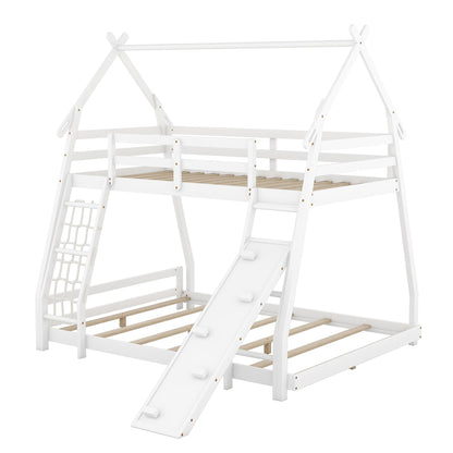 Bellemave Bunk Bed Twin Over Queen with Slides and Stairs, House Bunk Bed with Climbing Nets and Climbing Ramp for Kids, Teens, White