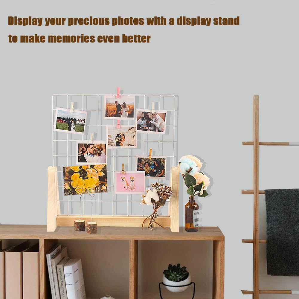 WANMEIZI 15.7”X15.7” Grid Wall Countertop Display Stand Metal Grid Wall Stand with Mini T-Base Portable Tabletop Display Unit with 20 Small Clips for Shows Retail Crafts Artistic Drawings Photos