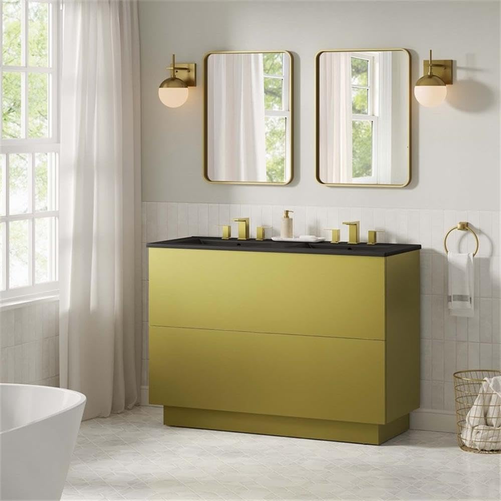 Modway Quantum Modern 48" Double Sink Bathroom Vanity in Black Gold with Ceramic Sink Basin and Storage Drawer