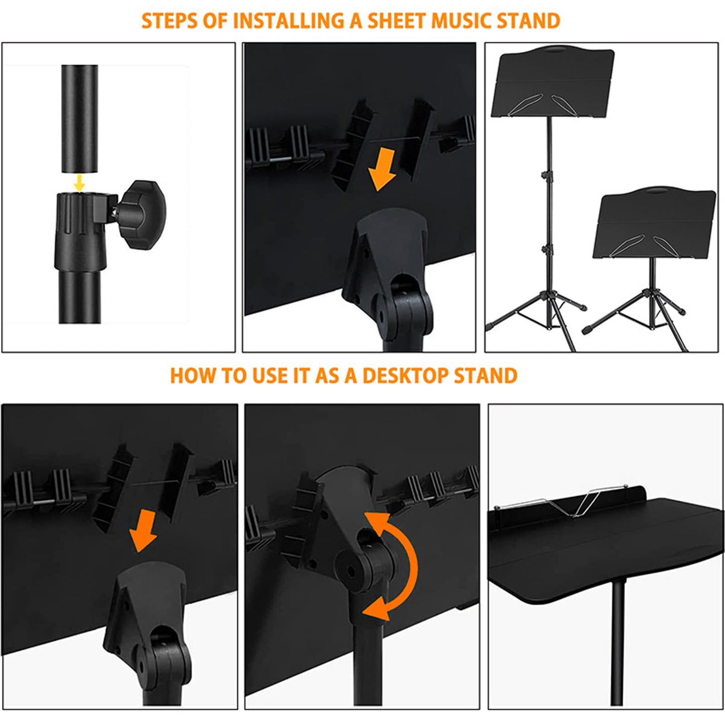 icVantA Portable Music Stand, Sheet Music Stand with Bag & Light, with Folding Tray, Stable, Height Adjustable, Bearing 4kg, for Instrumental Performance & Band & Travel, Easy to Install
