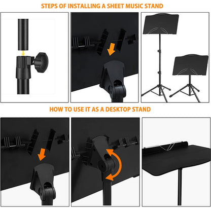 icVantA Portable Music Stand, Sheet Music Stand with Bag & Light, with Folding Tray, Stable, Height Adjustable, Bearing 4kg, for Instrumental Performance & Band & Travel, Easy to Install