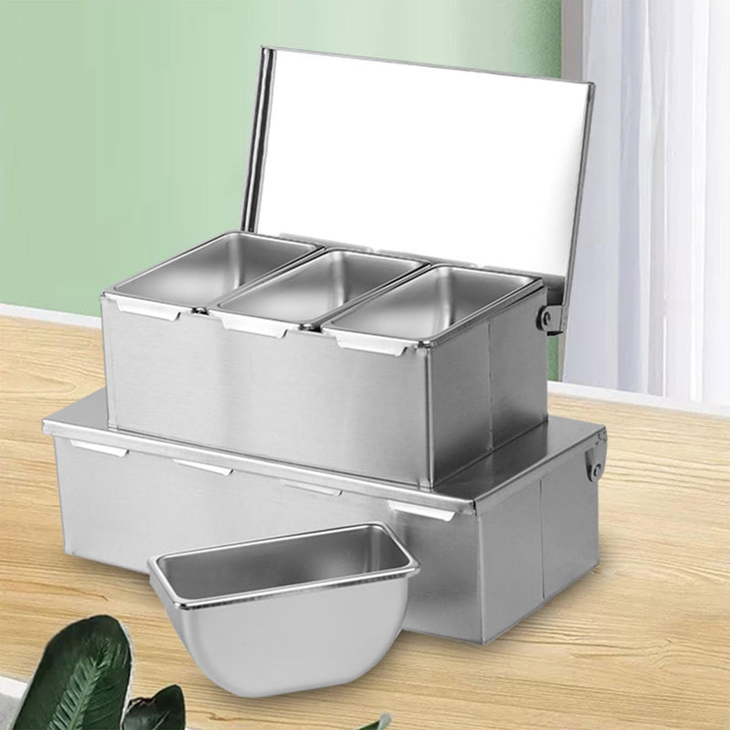 Ejoyous Seasoning Organizer Box, 4 Compartment Trays Stainless Steel Rack Set Large Capacity Storage Seasoning Case for Kitchen Camping Food Cream Parlor 14 x 8.8 x 30.5cm