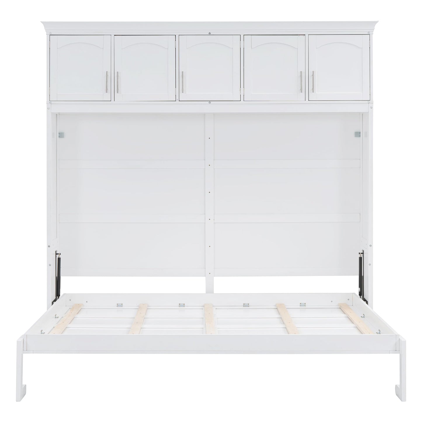 Merax Modern Farmhouse Solid Wood Murphy Bed Chest with Top Cabinets, Tall Wall Platform Bed Space Saving/Wood Slat Support Full,White