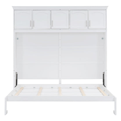 Merax Modern Farmhouse Solid Wood Murphy Bed Chest with Top Cabinets, Tall Wall Platform Bed Space Saving/Wood Slat Support Full,White
