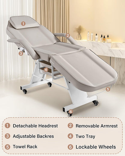 Tythical Tattoo Chair for Client, Facial Tattoo Spa Bed with Wheels for Client Esthetician with Rolling Stool, Adjustable Multipurpose Lash Beauty Salon Spa Massage Table Esthetician Beds, Grey