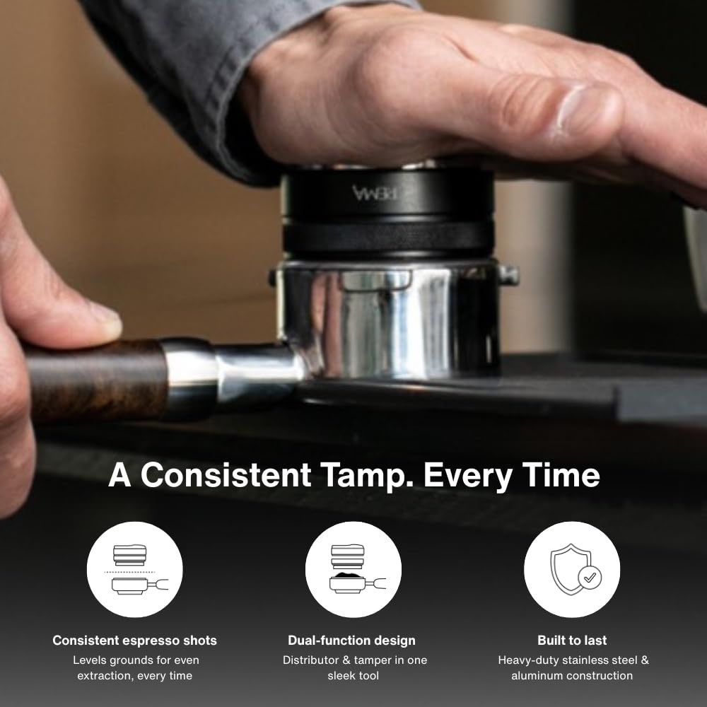CREMA Coffee Products 51mm Hand Tamper & Coffee Distributor for Delonghi | Compatible w/any 51mm | Double-Sided, Adjustable Depth Tool | Durable 304 Stainless Steel | Black