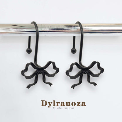 Dylrauoza Black Bow Shower Curtain Hooks, 12 Pack Decorative Metal Rust Proof Shower Curtain Rings for Bathroom, Elegant Cute Curtain Hangers for Standard Shower Rods