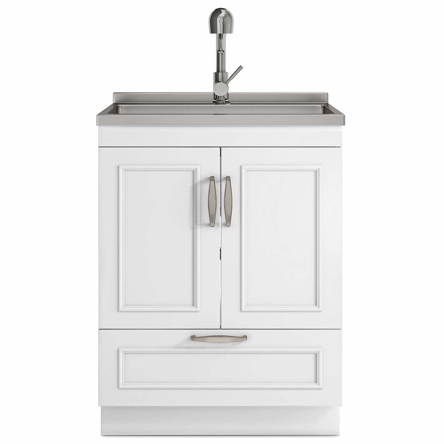 SIMPLIHOME Cardinal All-in-One 28 inch Wide Utility Sink and Laundry Cabinet in Pure White Finish, Transitional Stainless Steel Sink Cabinet for Laundry Rooms with Pull-Out Brushed Nickel Faucet