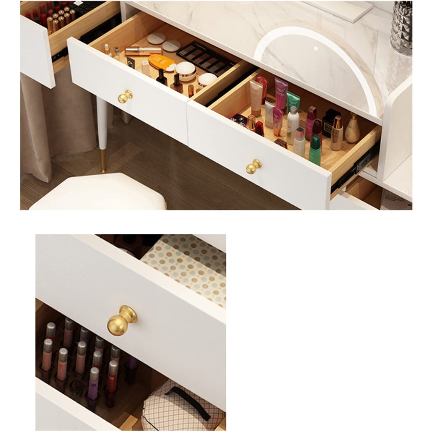 TOMYEUS Makeup Table Luxury Dressing Table Bedroom Modern Makeup Desk Storage Shelf Organizer Apartment Cabinet，Not Including Stool， White Vanity Desk