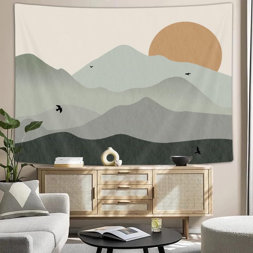 Ptrxobj Small Sage Green Mountain Tapestry Boho Abstract Sun Landscape Wall Hanging Art 60 x 40 inch