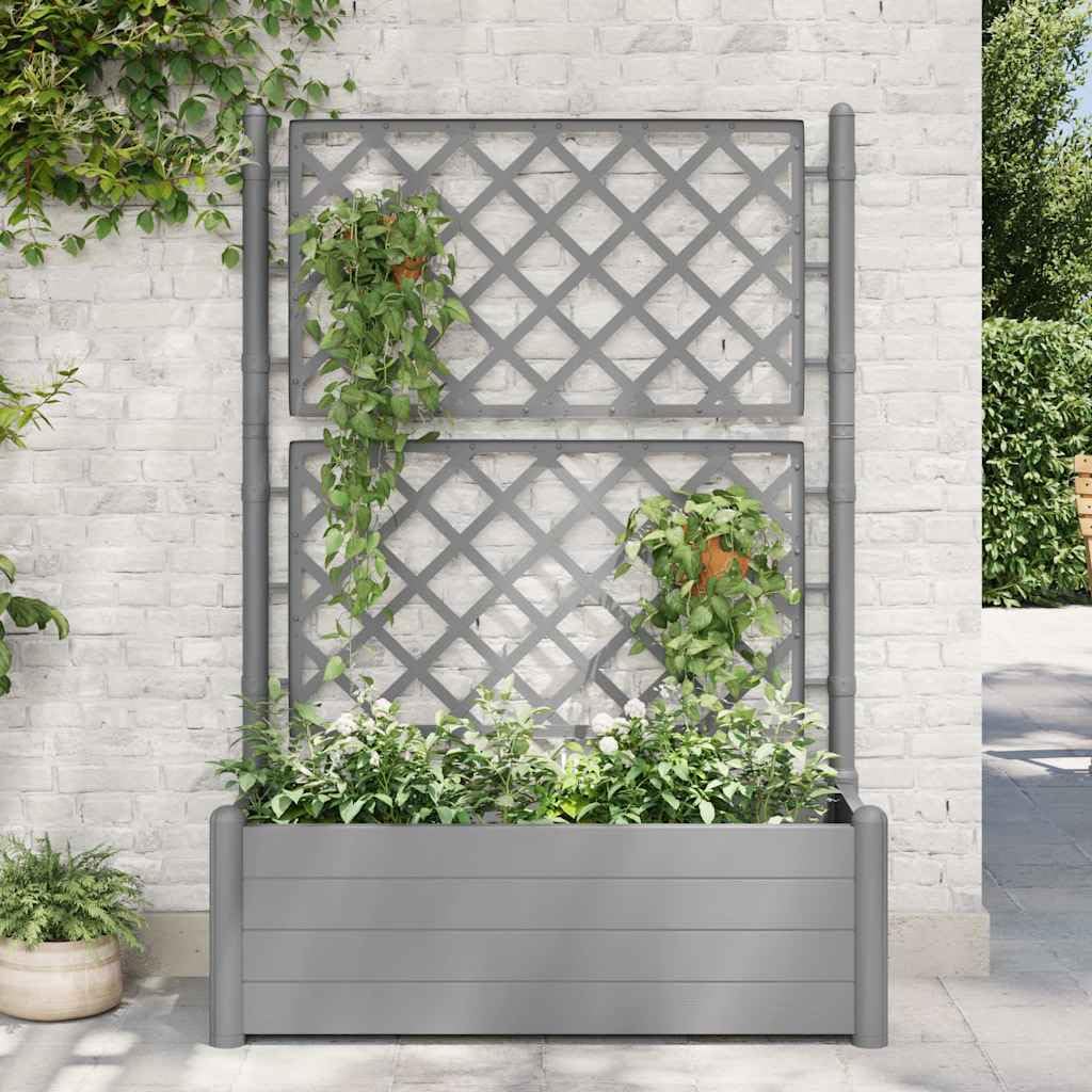 Foknhdi Large Rectangular Stone Grey Planter Box with Integrated Trellis 39.4x39.4x55.9 in UV-Resistant Polypropylene Vertical Herb Garden for Patio Balcony Outdoor and Indoor Spaces